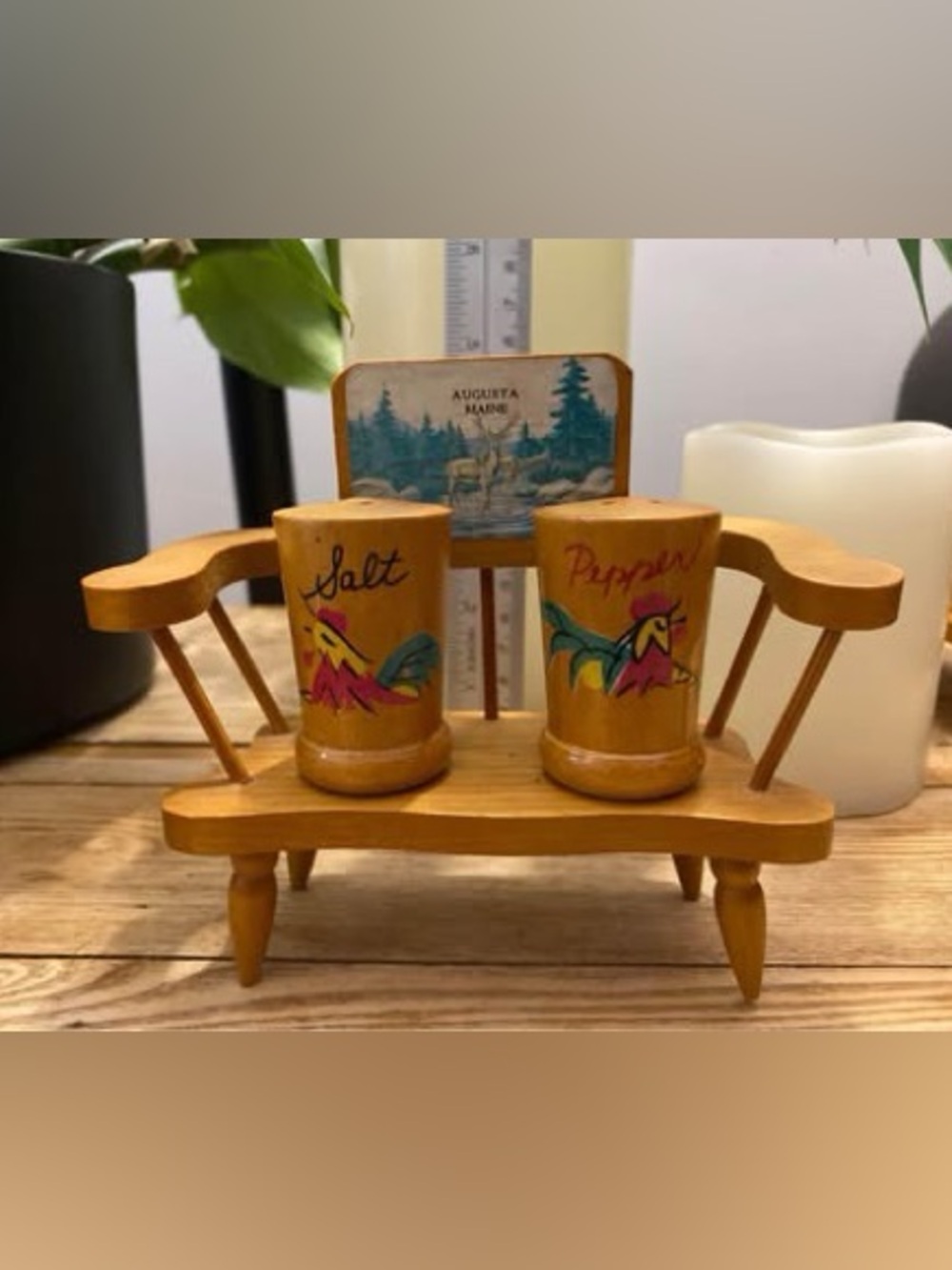 Vintage Wooden Rooster Salt & Pepper Shakers Augusta Maine Bench Holder Set